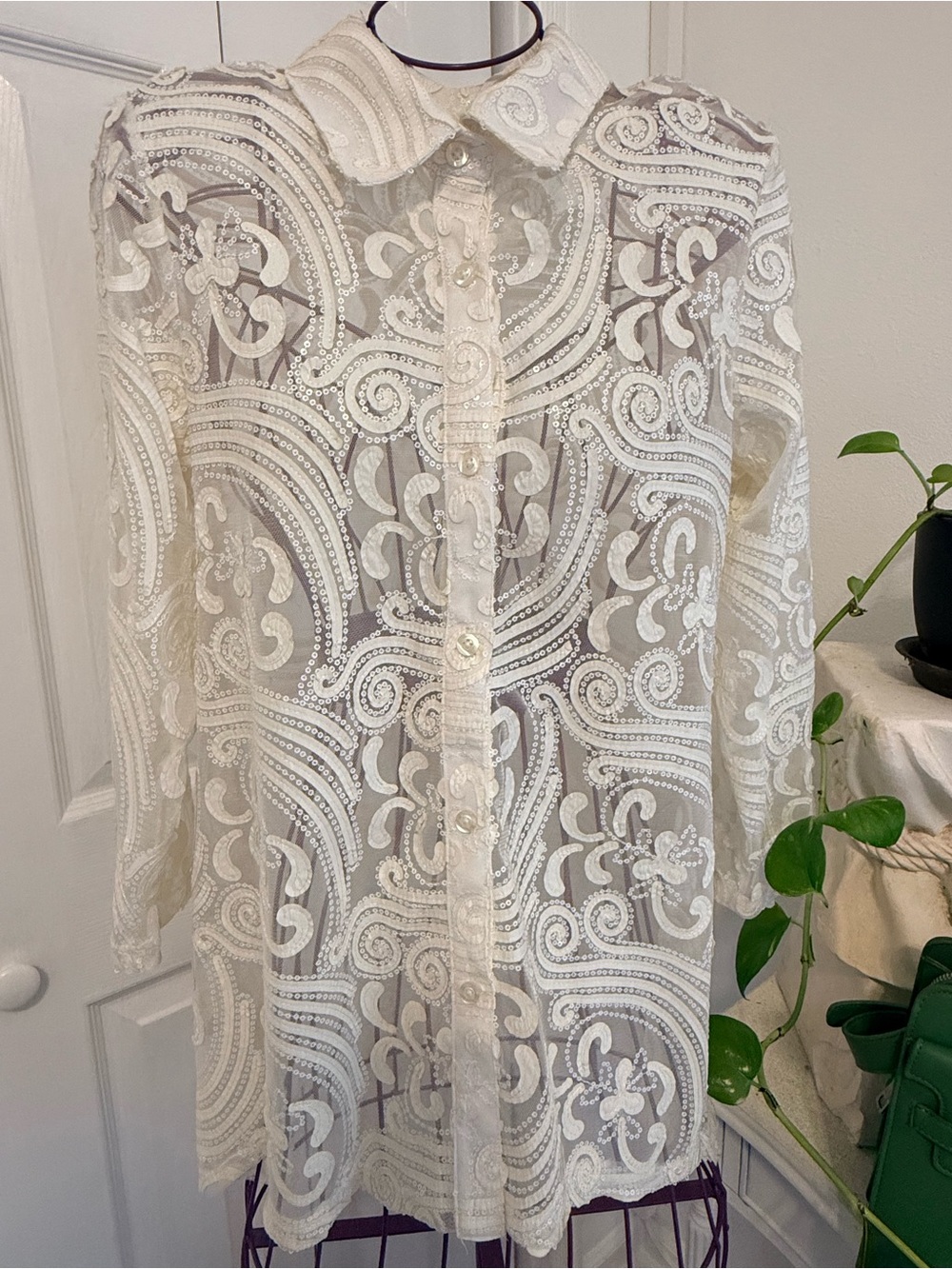Sheer White Embroidered Button-Up Blouse - Elegant Women's Top - Picture 3 of 8